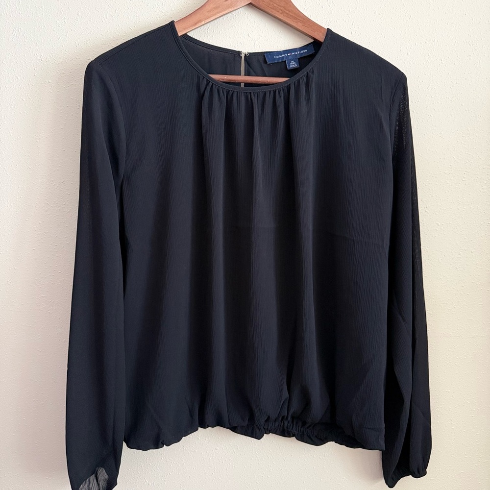 Tommy Hilfiger Black Chiffon Blouse Long Sleeve Bubble Hem Medium